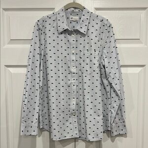 GAP FITTED BOYFRIEND SHIRT Blue White Stripes Green Navy Tufts Womens Size XL